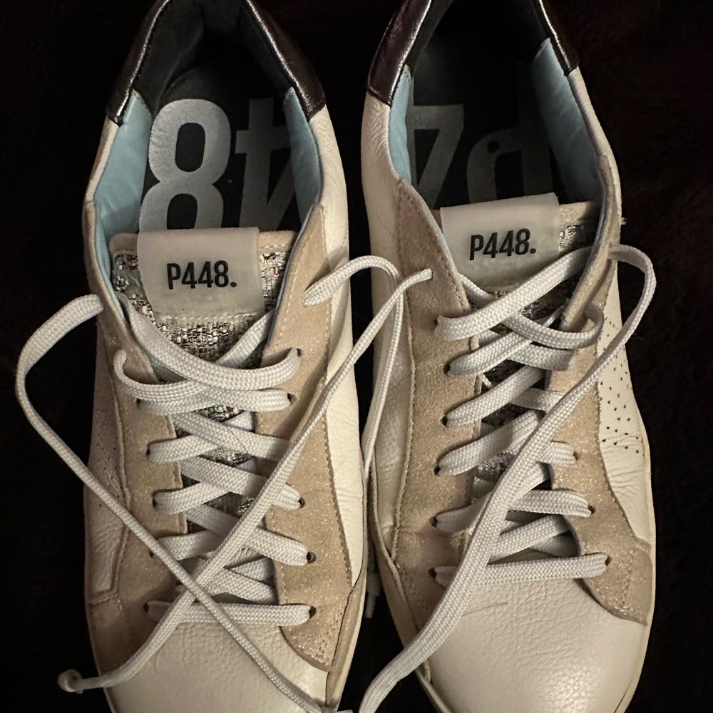 P448 Men's White and Tan Sneakers